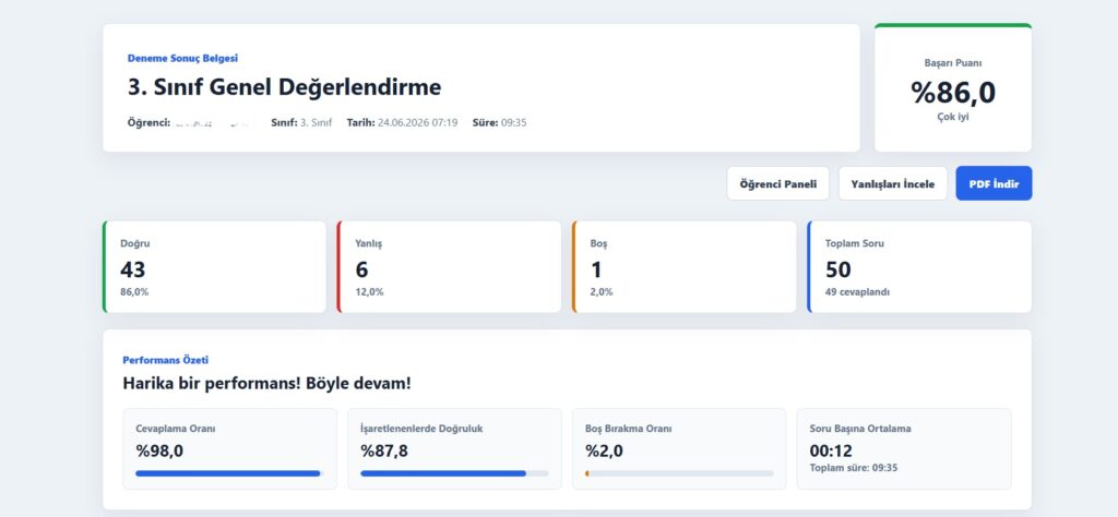 3. sınıf online deneme sınavı sonuç belgesi